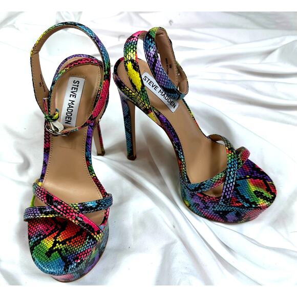 Steve Madden Marciana Snake Skin Multi Ankle Strap Open Toe High Heel Sandals 6 - Picture 2 of 16